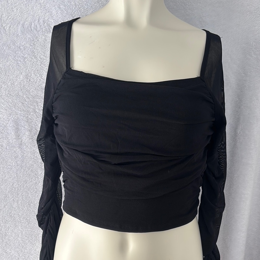 Black Mesh‎ Long Sleeve Top Square Neck Ruched Crop Top Party Blouse